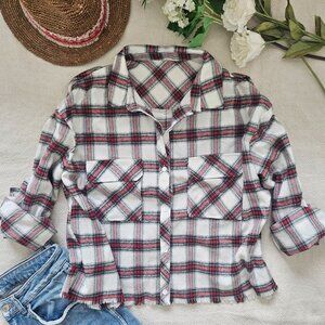 White Red Plaid Cropped Flannel Shirt – Frayed Hem – Roll Tab Sleeves